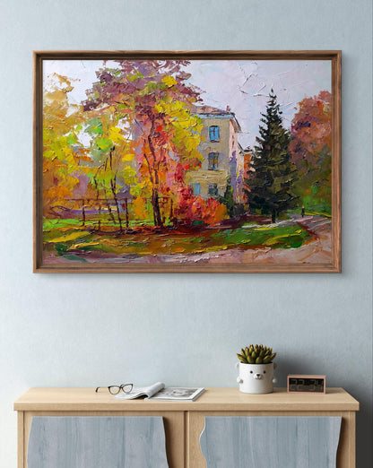 Vibrant impressionist oil painting by Boris Serdyuk, autumn cityscape in rustic frame
