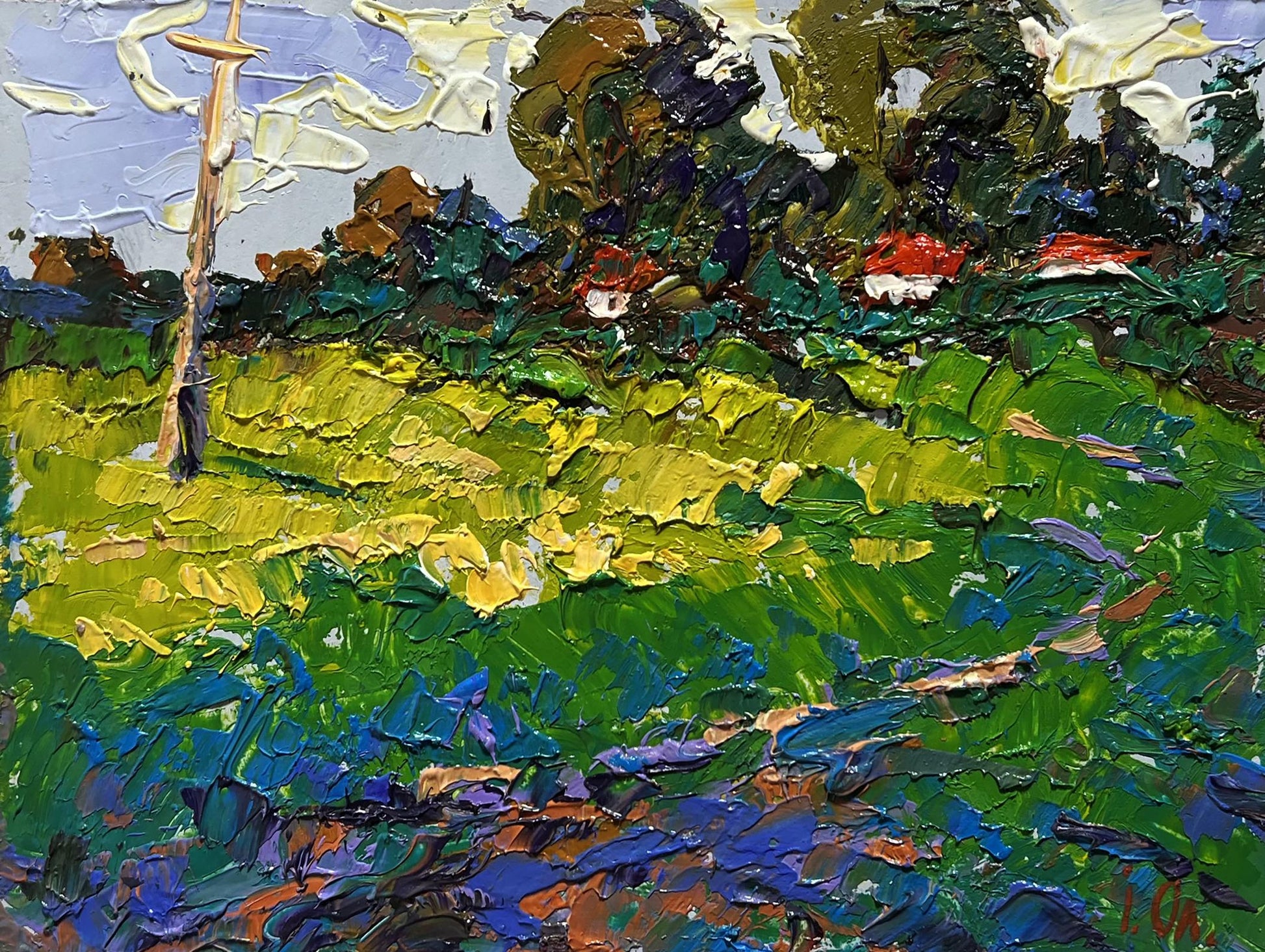 Vibrant impressionist oil painting of yellow fields near village by Oleksiy Ivanyuk