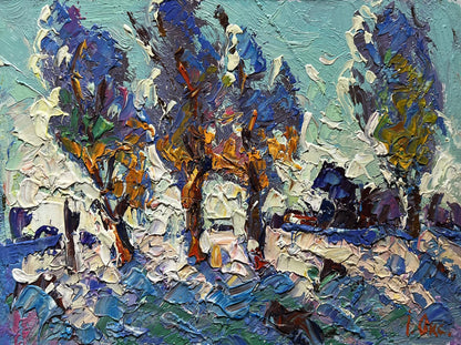 Vibrant oil painting Young poplars in the field by Oksana Ivanyuk