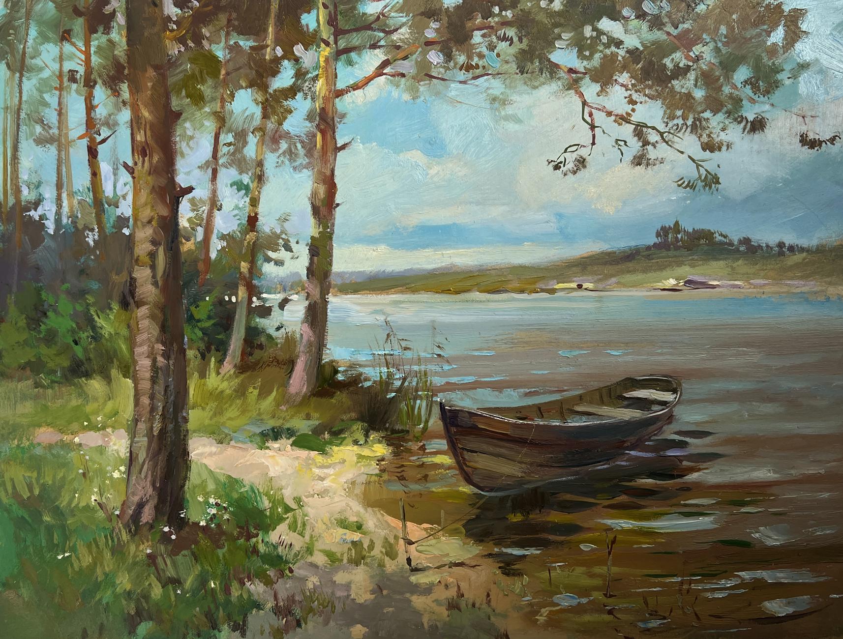 Oil painting of weathered rowboat on sun-dappled river by forest shore by Yuriy Suprunchuk