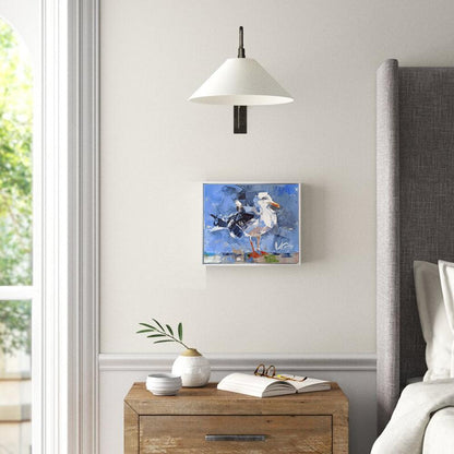 Oil painting Lonely Bird by Volodymyr Gluhomanyuk: white seagull on blue
