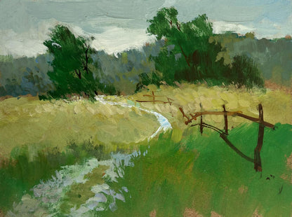 Oil painting Golden summer fields by Yuriy Suprunchuk with rustic fence