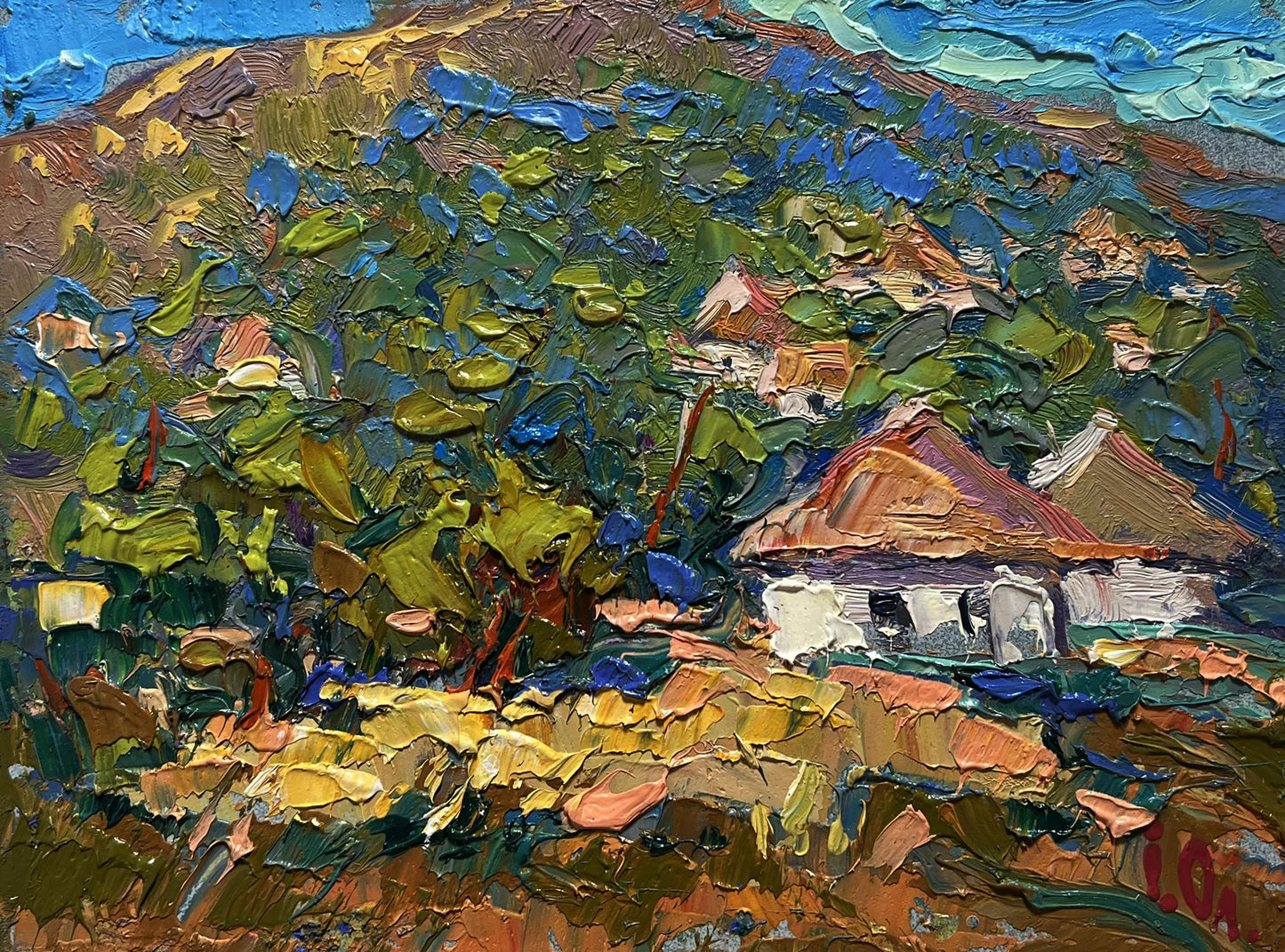Oil painting of village under mountain by Oleksiy Ivanyuk