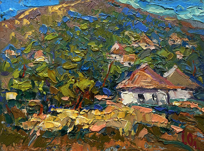 Oil painting of village under mountain by Oleksiy Ivanyuk