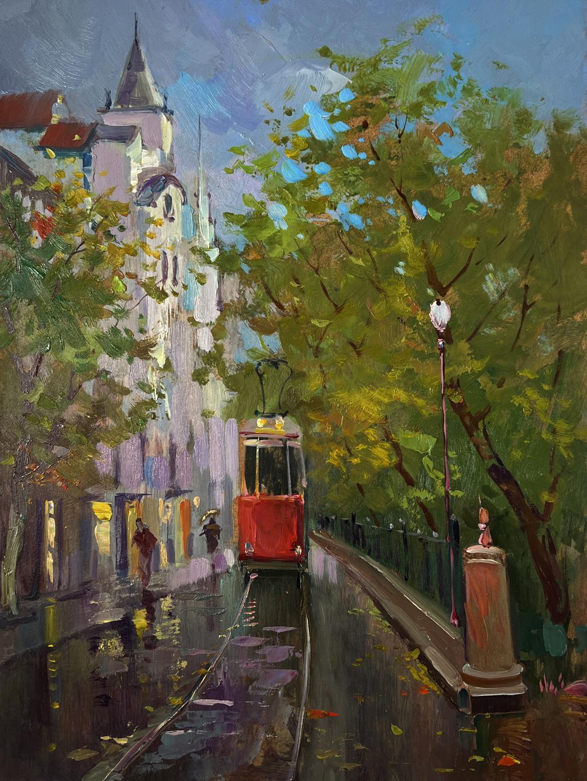 Oil painting by Yuri Suprunchuk: red tram on wet tracks amid historic buildings