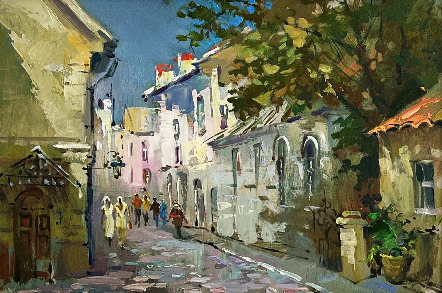 Vibrant impressionist oil painting of Yuriy Suprunchuks bustling old city street