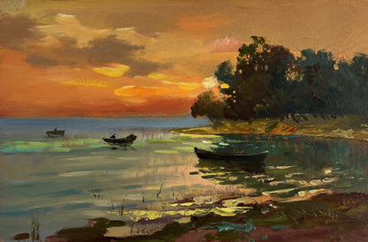 Oil painting of orange sunset over river by Yuriy Suprunchuk