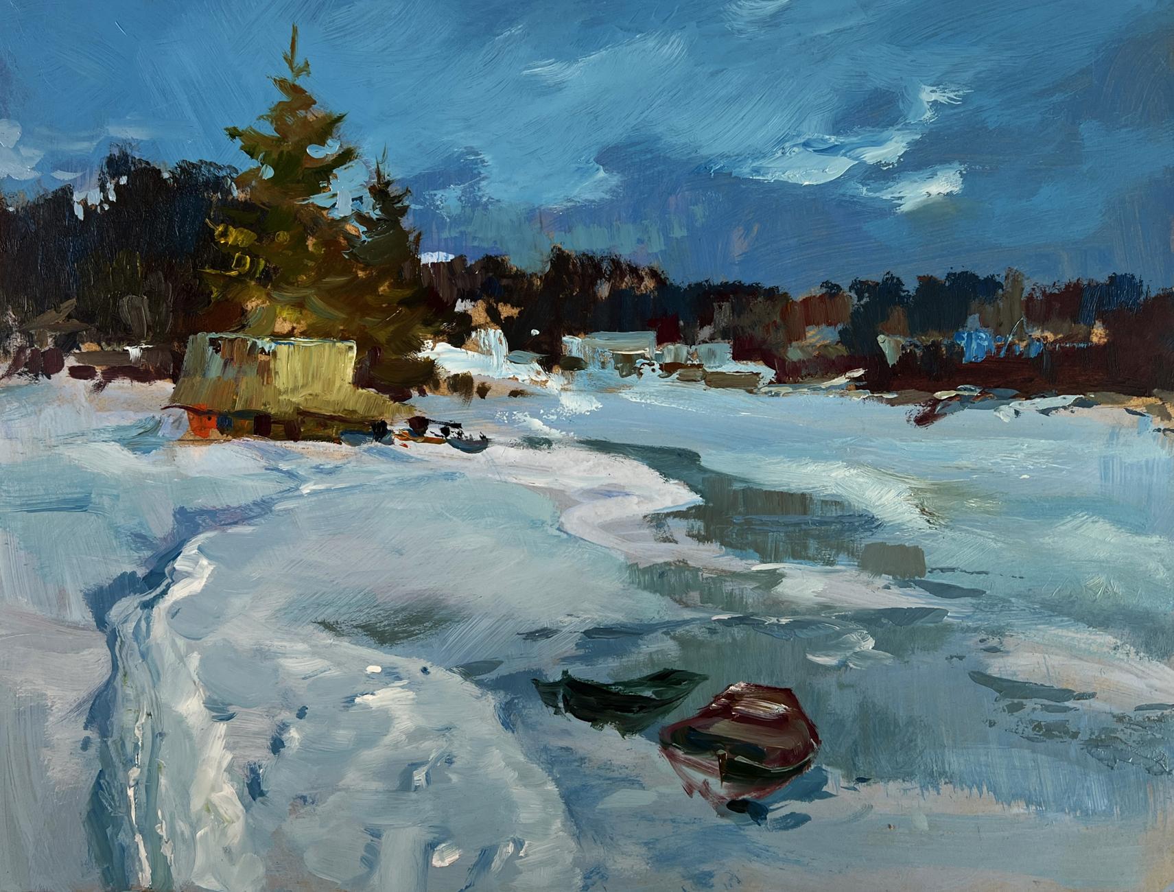 Oil painting Frozen winter river by Yuriy Suprunchuk snowy landscape