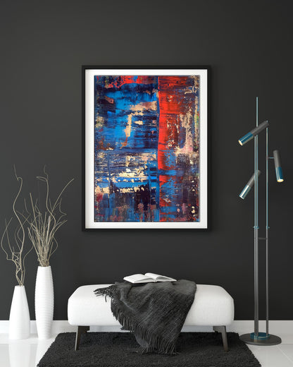 Framed Acrylic painting Pleasure by Olga Melezhik with blue red strokes