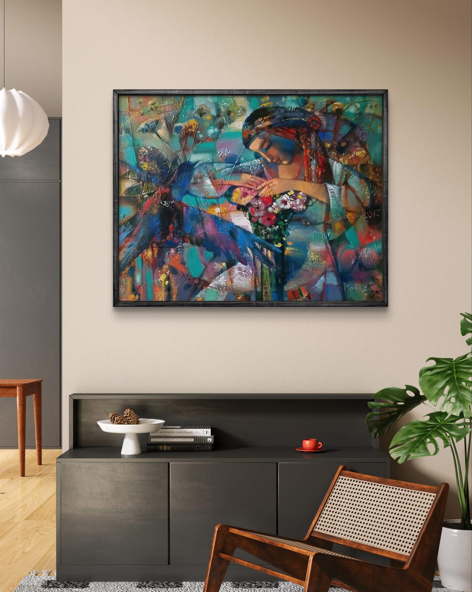 Vibrant abstract oil painting by Anatoly Tarabanov in black frame