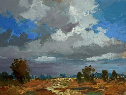 Oil painting Silence before the rain by Yuriy Suprunchuk, dramatic sky over arid landscape