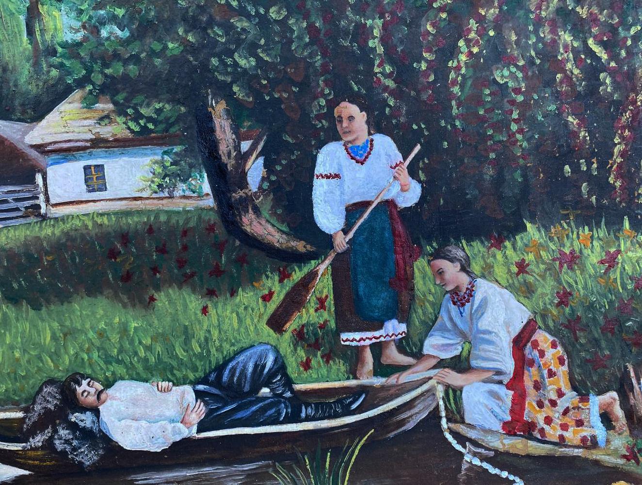 Oil painting of man in wooden rowboat by river with two women, one holding oar