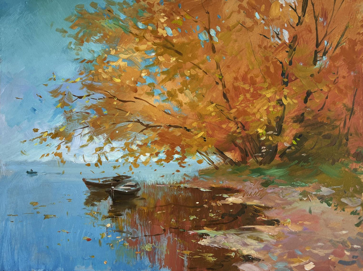 Oil painting Whisper of autumn leaves by the river by Yuriy Suprunchuk