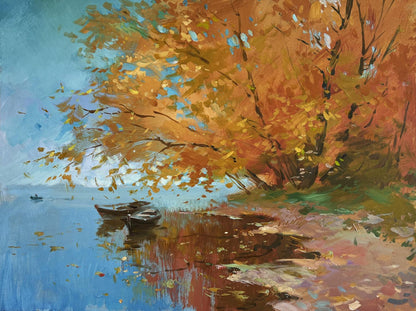 Oil painting Whisper of autumn leaves by the river by Yuriy Suprunchuk