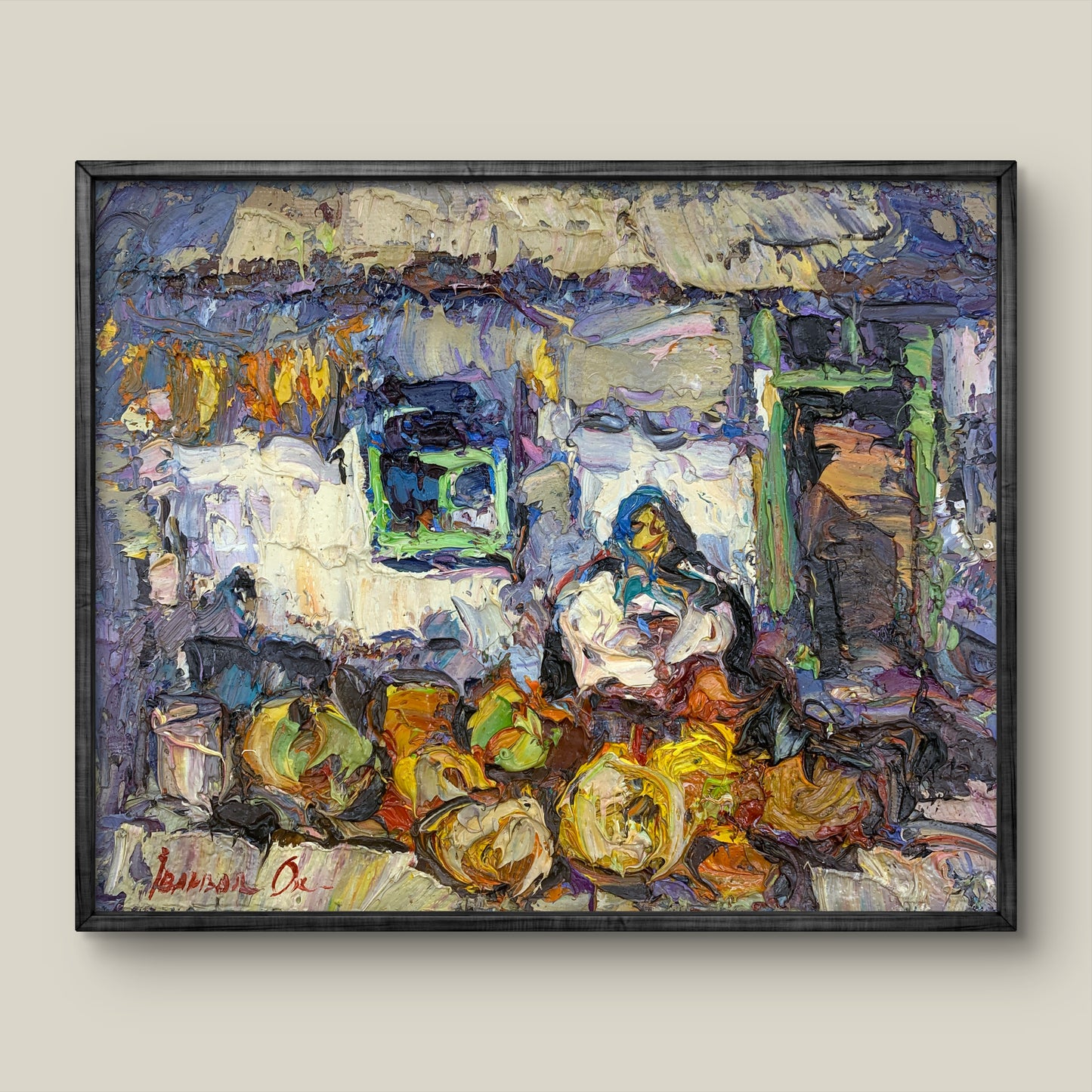 Oil painting Near the Threshold by Oksana Ivanyuk in black frame