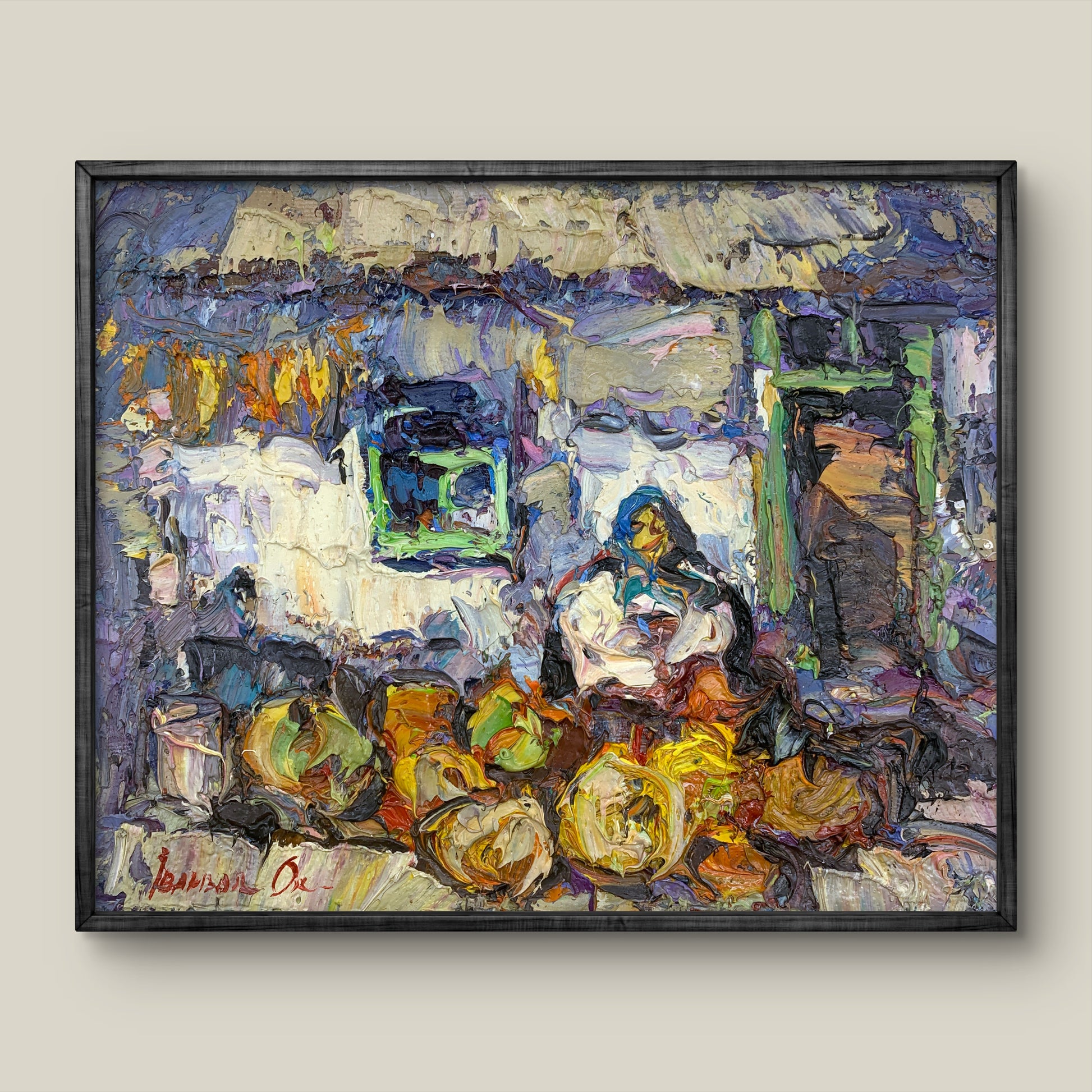 Oil painting Near the Threshold by Oksana Ivanyuk in black frame