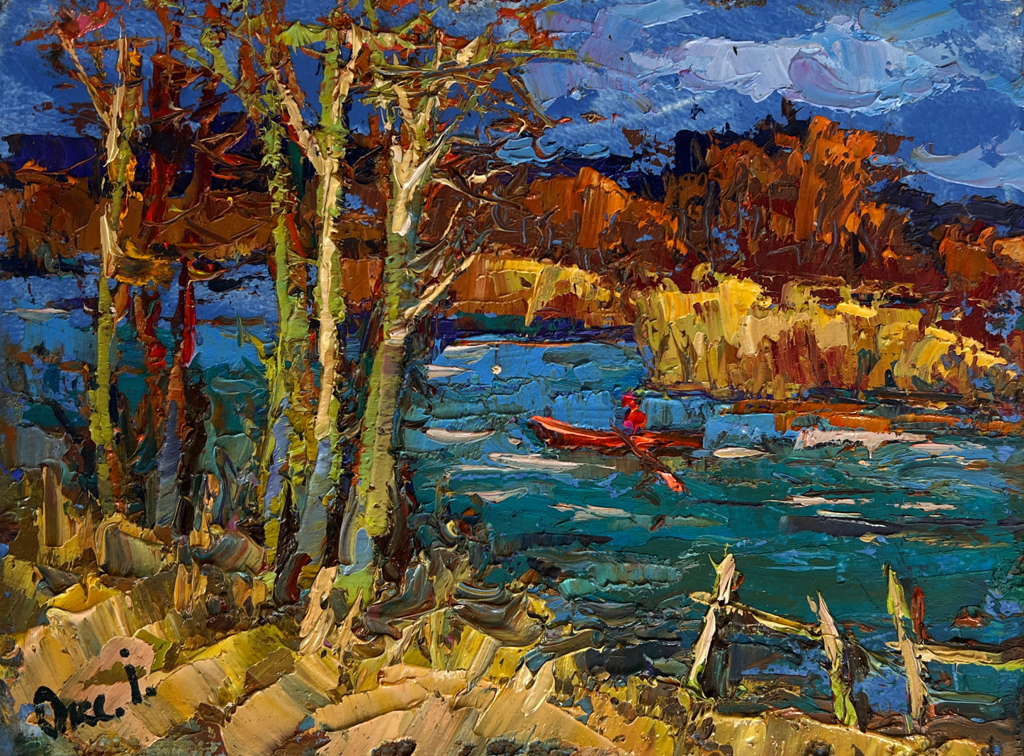 Vibrant impressionist red canoe painting by Oleksiy & Oksana Ivaniuk