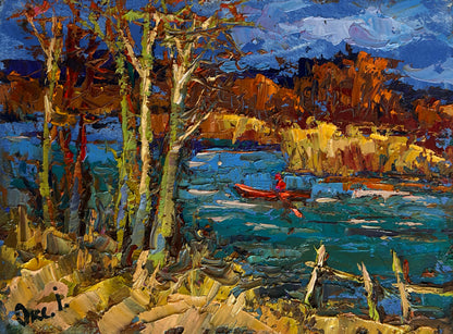 Vibrant impressionist red canoe painting by Oleksiy & Oksana Ivaniuk