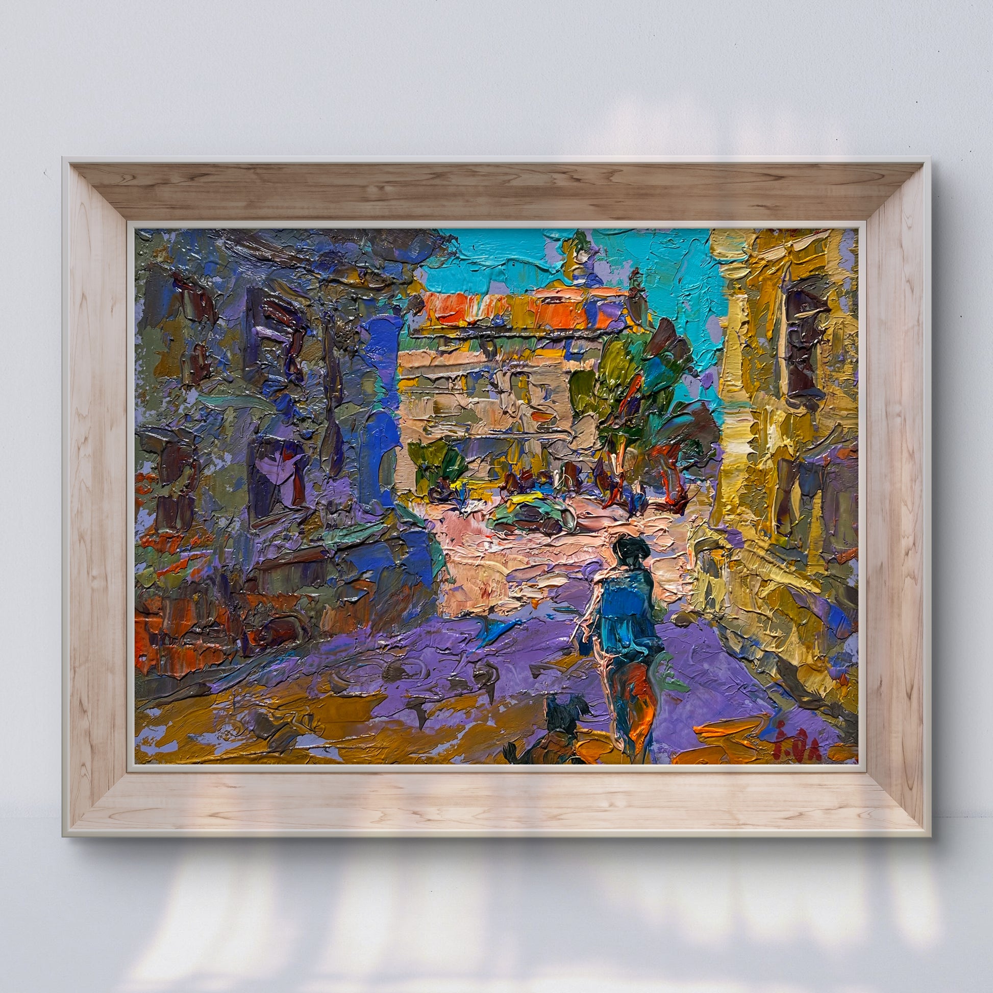 Vibrant impressionist oil painting Quiet city street by Oleksiy Ivanyuk in wood frame