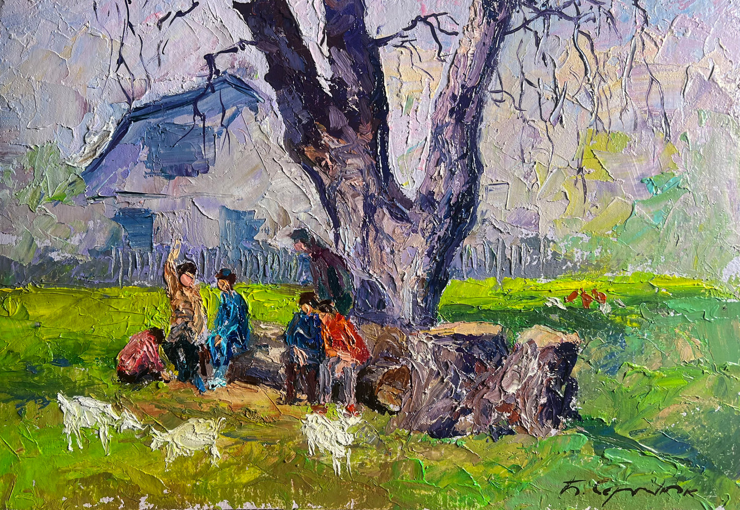 Boris Serdyuk impressionistic tree painting, thick bark, green field, wholesale art