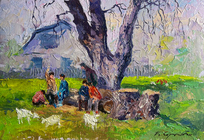 Boris Serdyuk impressionistic tree painting, thick bark, green field, wholesale art