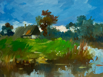 Rustic thatched cottage in green fields by Yuriy Suprunchuk fine art
