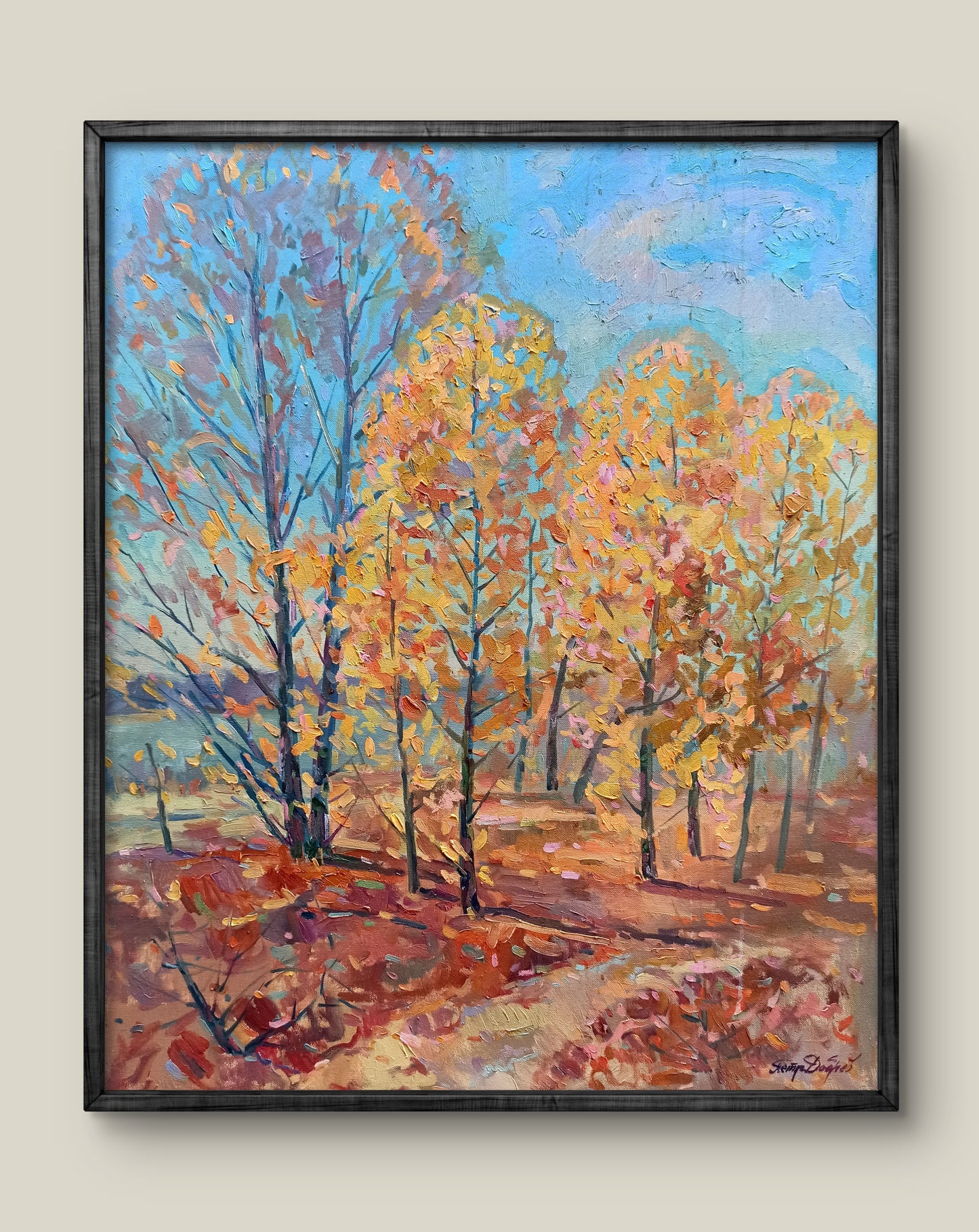 Oil painting Autumn sunny day by Peter Dobrev, vibrant autumn forest