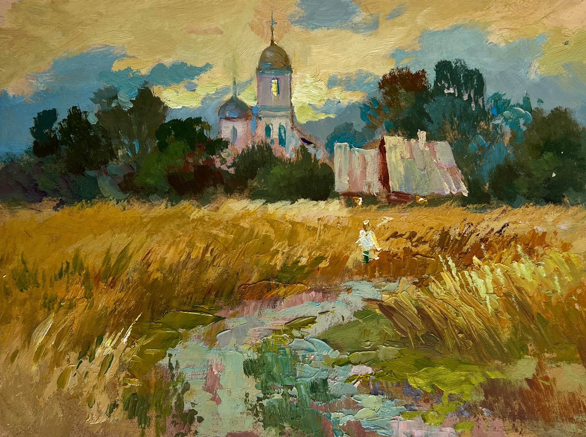 Serene impressionistic golden wheat field with church, barn by Yuriy Suprunchuk
