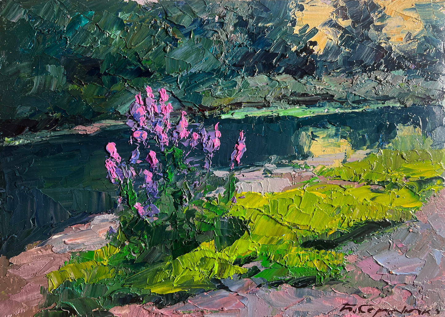 Vibrant pink purple flowers by Boris Serdyuk thick textured brushstrokes green landscape