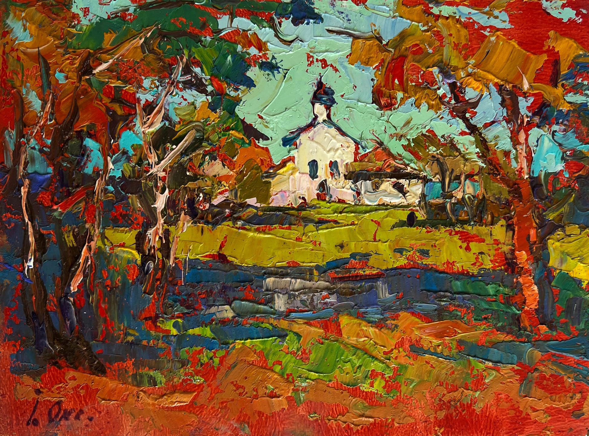 Vibrant impressionist painting of white church in autumn trees by Oleksiy & Oksana Ivaniuk