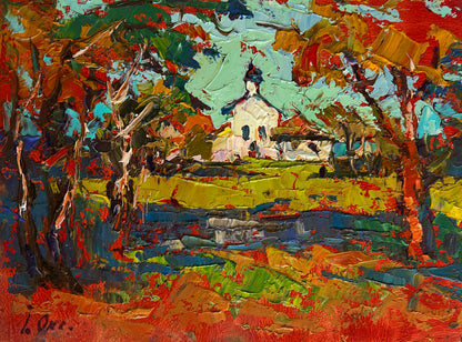 Vibrant impressionist painting of white church in autumn trees by Oleksiy & Oksana Ivaniuk