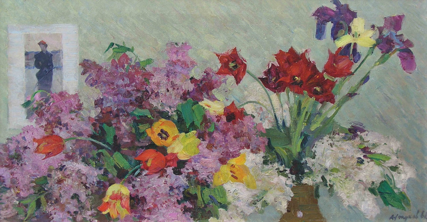 Collectible Oleksandr Lopukhov painting of lilacs, tulips, irises in golden vase