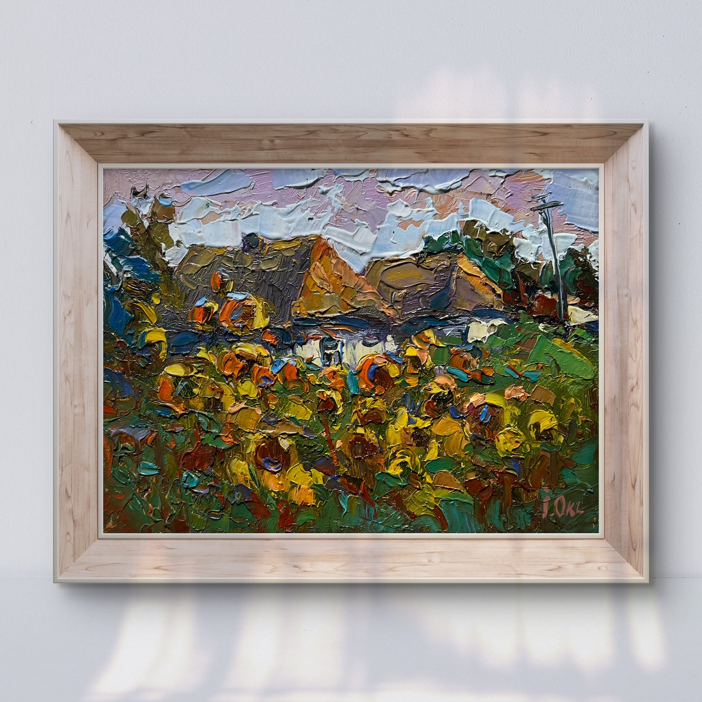 Vibrant Oksana Ivanyuk oil painting of sunflowers in cozy village life, framed