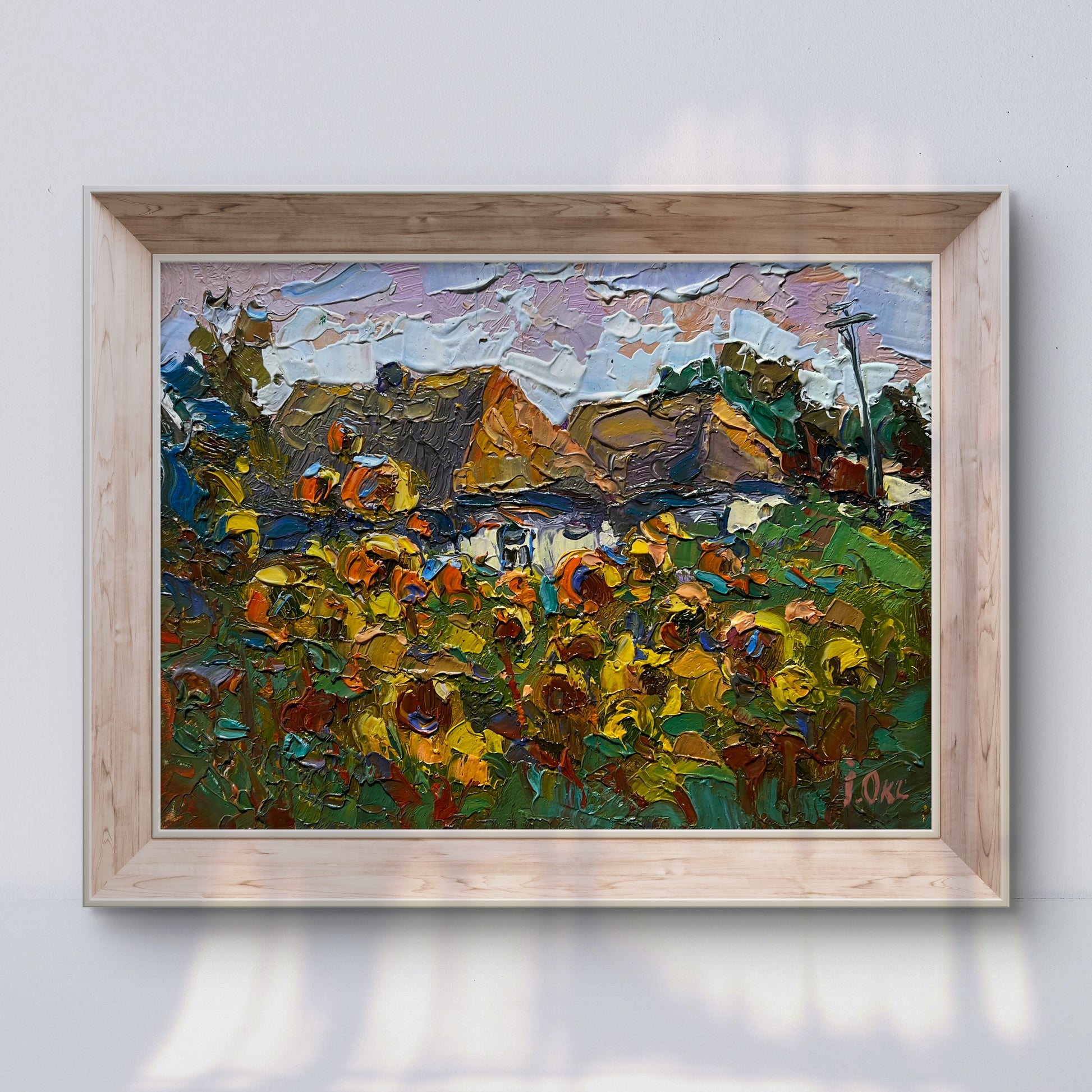 Vibrant Oksana Ivanyuk oil painting of sunflowers in cozy village life, framed
