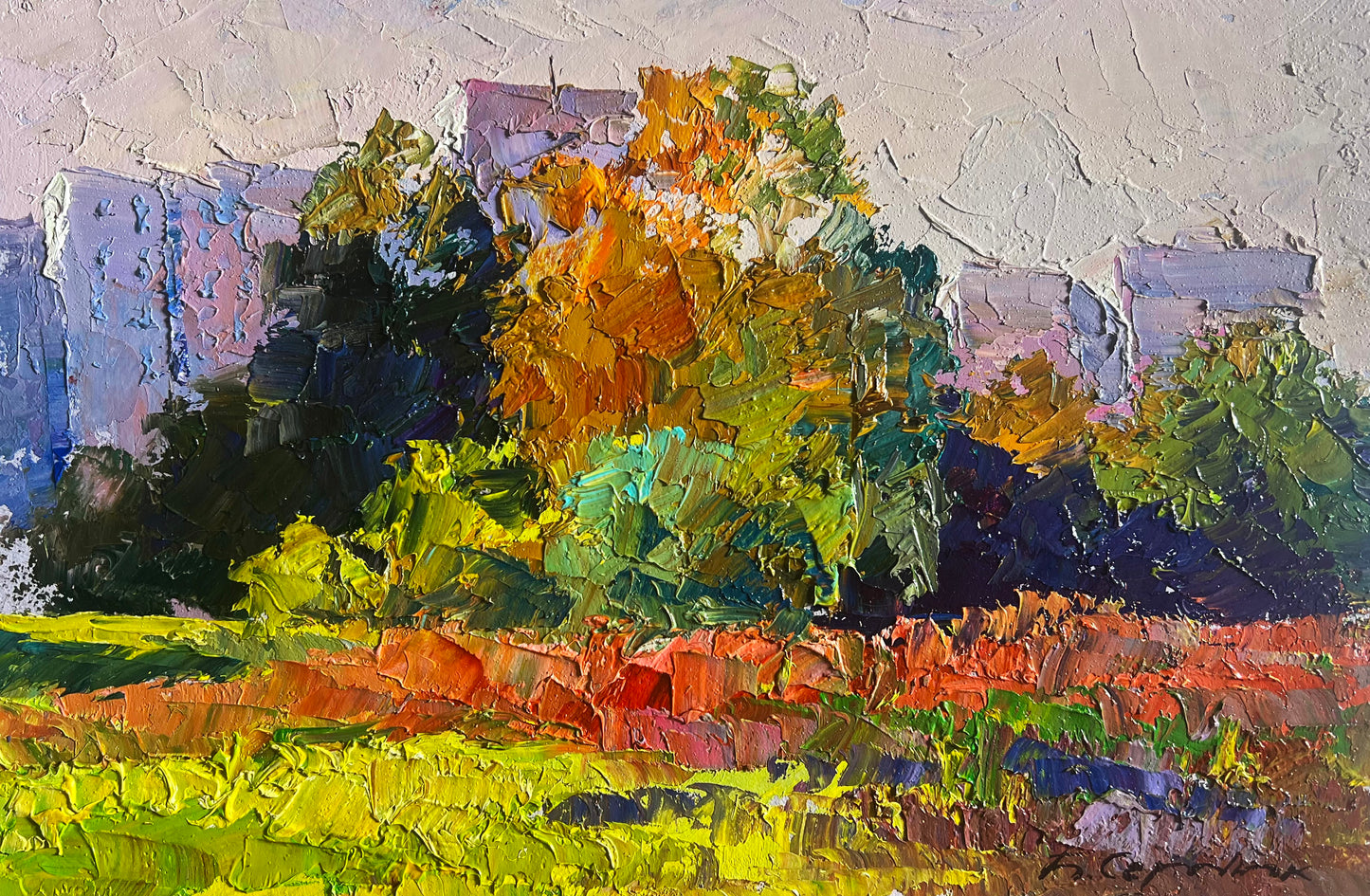 Vibrant impressionist autumn trees painting by Boris Serdyuk fine art wholesale deal