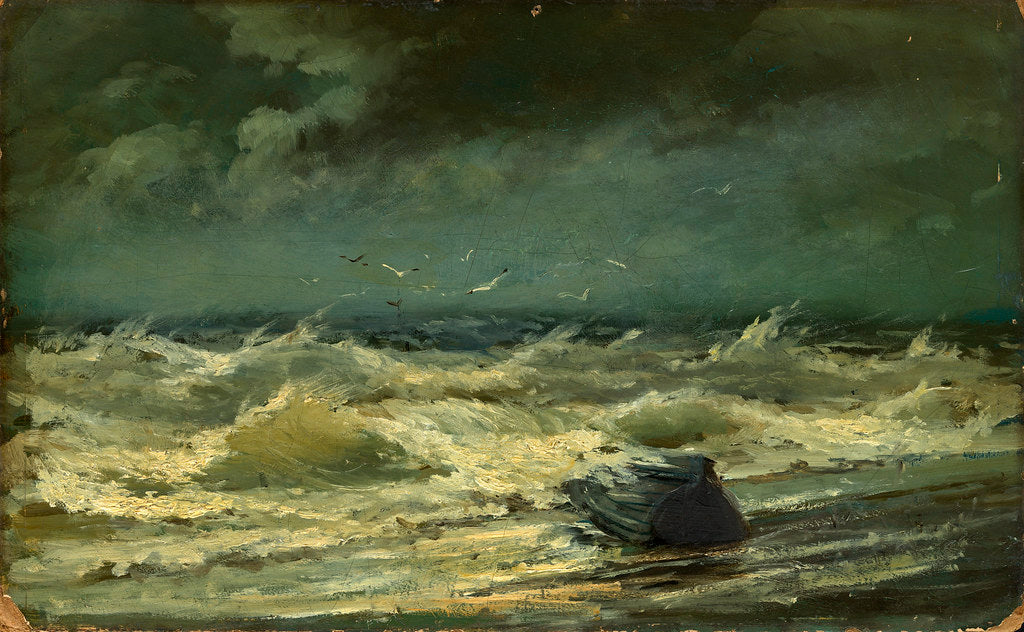 19th century seascape by Rufin Sudkovskyi: weathered boat on stormy shore