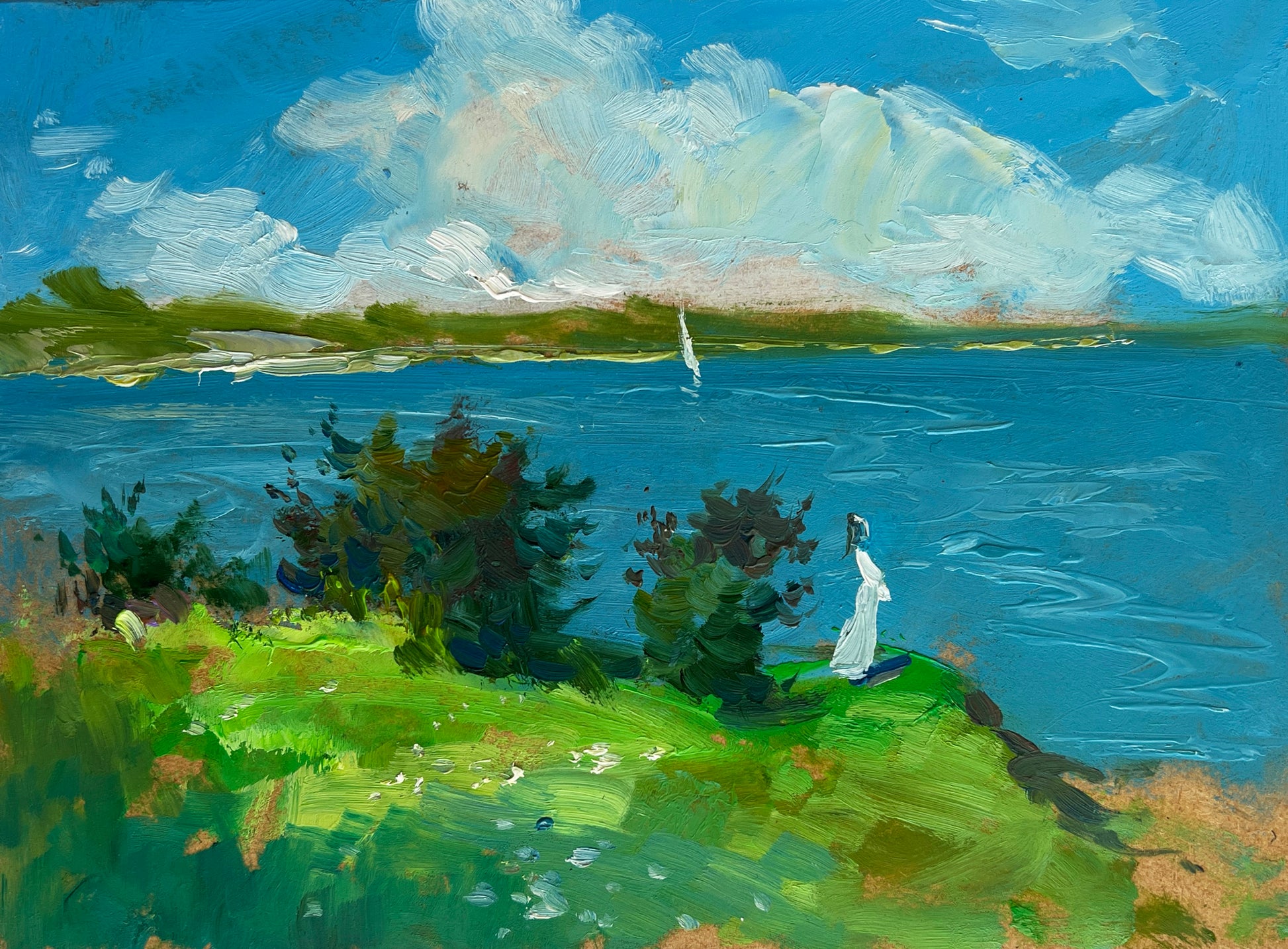 Vibrant impressionist painting by Yuriy Suprunchuk: lone figure on green cliff over blue lake
