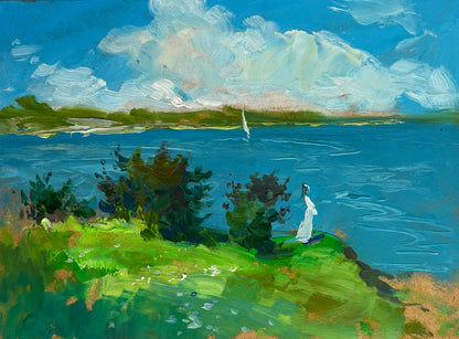 Vibrant impressionist painting by Yuriy Suprunchuk: lone figure on green cliff over blue lake