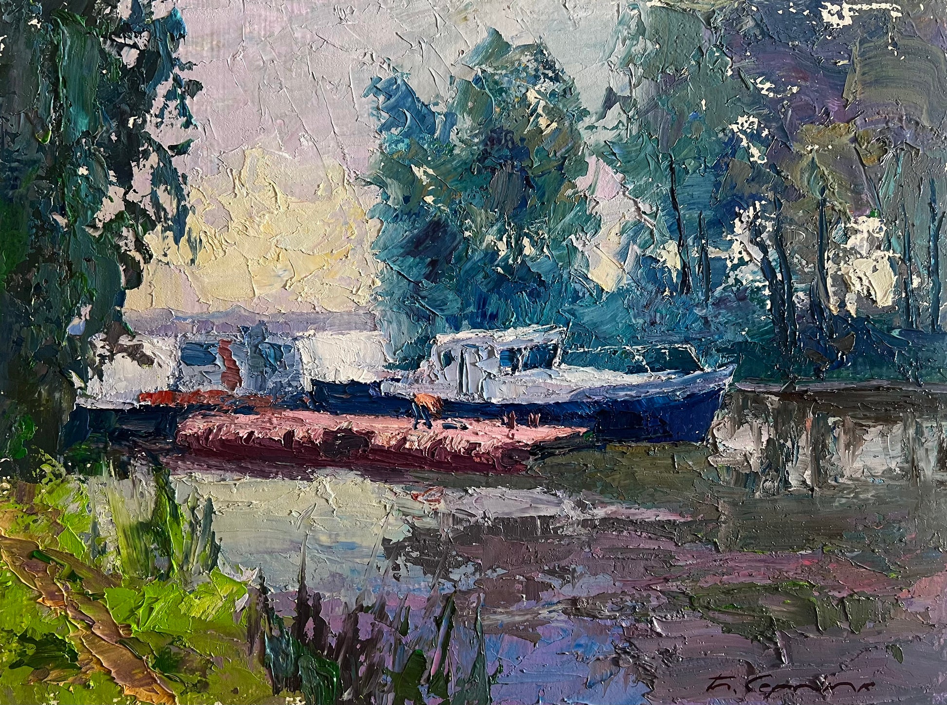 Impressionistic boats on riverbank by Boris Serdyuk fine art print