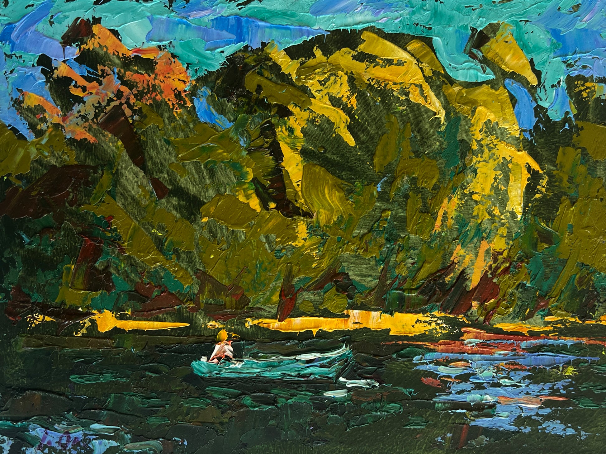 Vibrant impressionist teal boat painting by Oleksiy & Oksana Ivaniuk