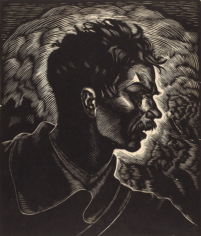 Vintage xylography by Vasyl Kasiyan: black and white woodcut man profile
