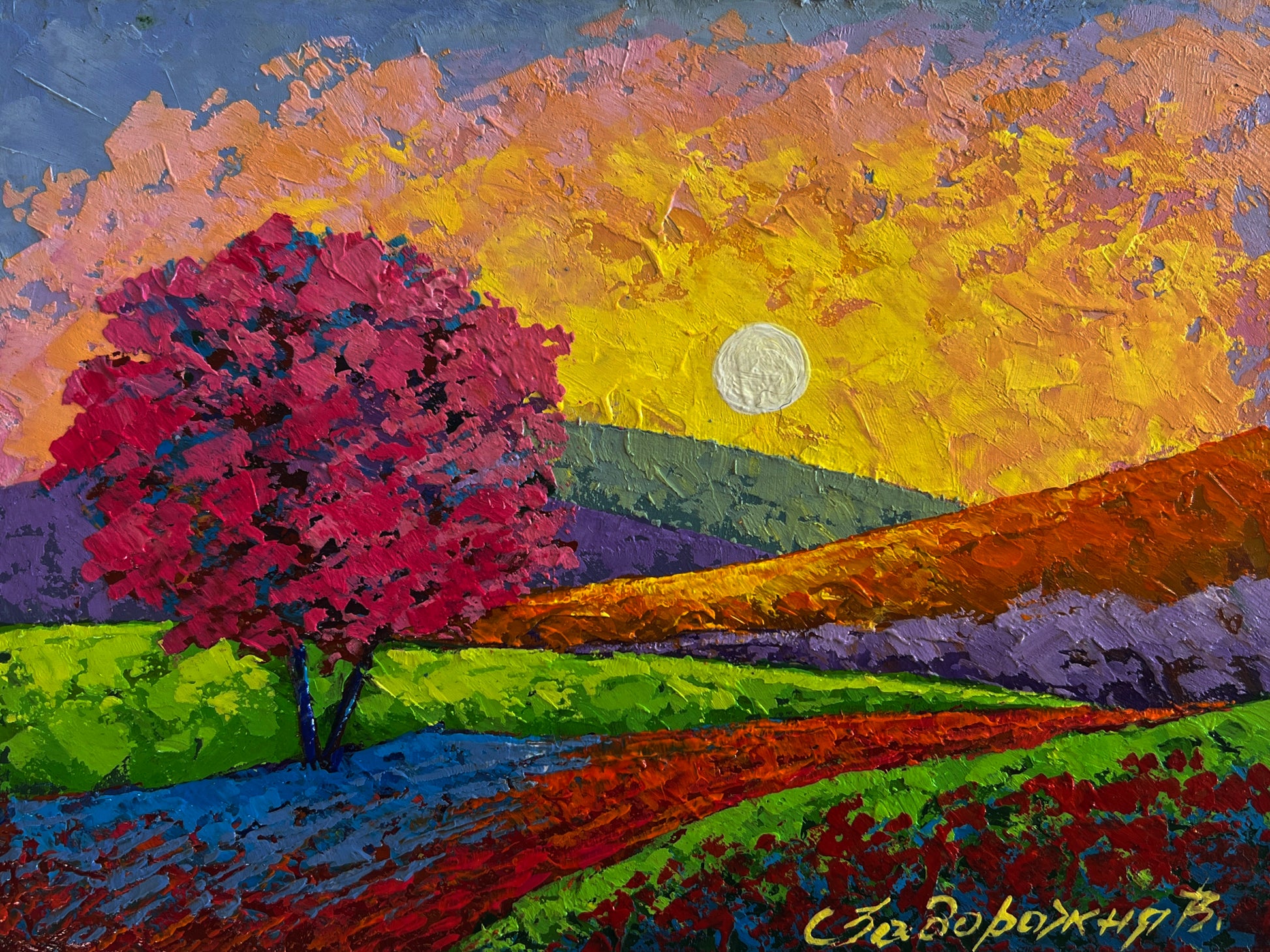 Vibrant magenta tree painting by Vita Zadorozhnya against sunset sky