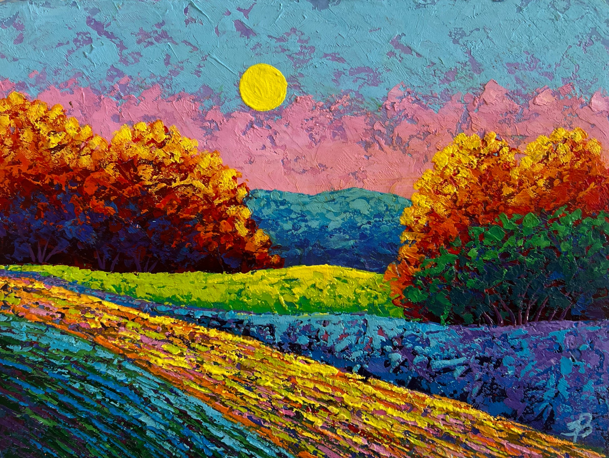 Vibrant impressionist landscape by Vita Zadorozhnya with yellow sun, teal pink sky