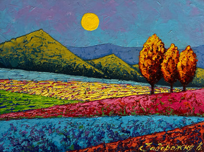 Vibrant impressionist landscape by Vita Zadorozhnya with yellow hills and golden sun