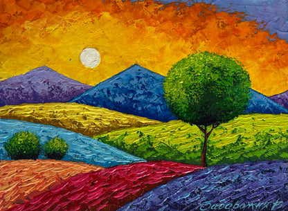 Vibrant Vita Zadorozhnya painting: green tree on colorful hills, orange sky