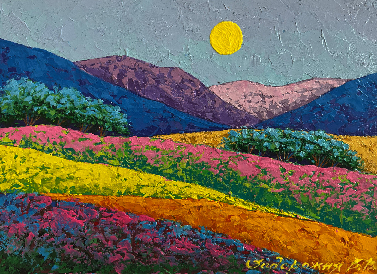 Vibrant Vita Zadorozhnya impressionist landscape with colorful hills and sun