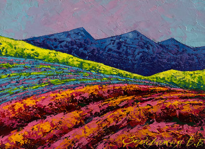 Vibrant Vita Zadorozhnya impressionist landscape with green hills, purple mountains, pink sky