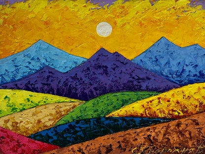 Vibrant abstract mountain painting by Vita Zadorozhnya in blues and golds