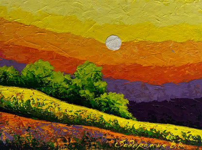 Vibrant sunset oil painting by Vita Zadorozhnya over green hills