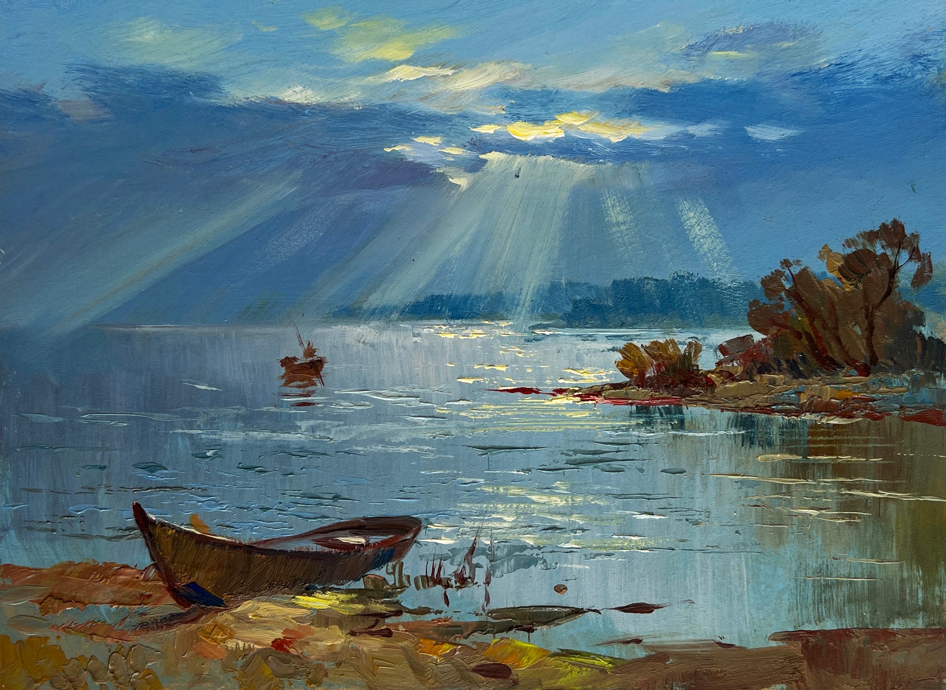 Rustic wooden rowboat on sunlit shore by Yuriy Suprunchuk fine art
